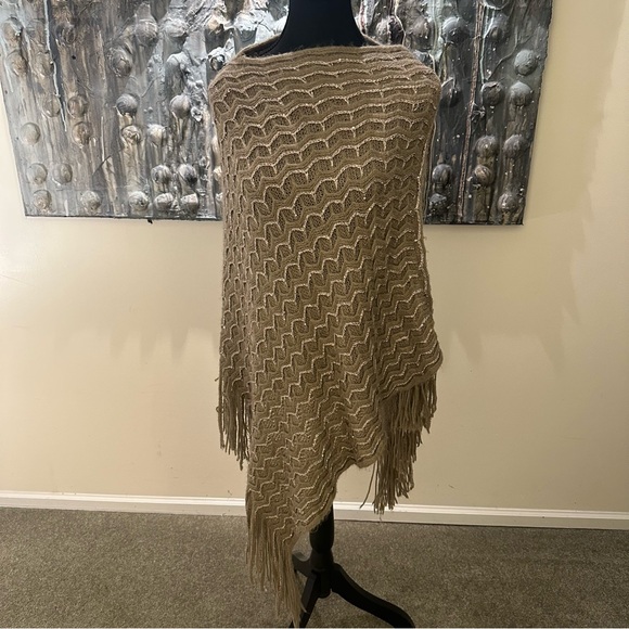 CO Sweaters - ⭐️ CO Beige and Sequin Knit Poncho with Fringe